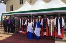 Archbishop Justin and Caroline Welby with the Primate of Rwanda, Archbishop Onesphore Rwaje, and bishops and clergy at the Rwanda University youth convention, Sunday 19 February 2017. 