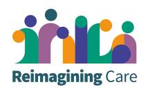 A logo with green text reading "Reimagining Care" with yellow, green, purple and blue shapes above it.