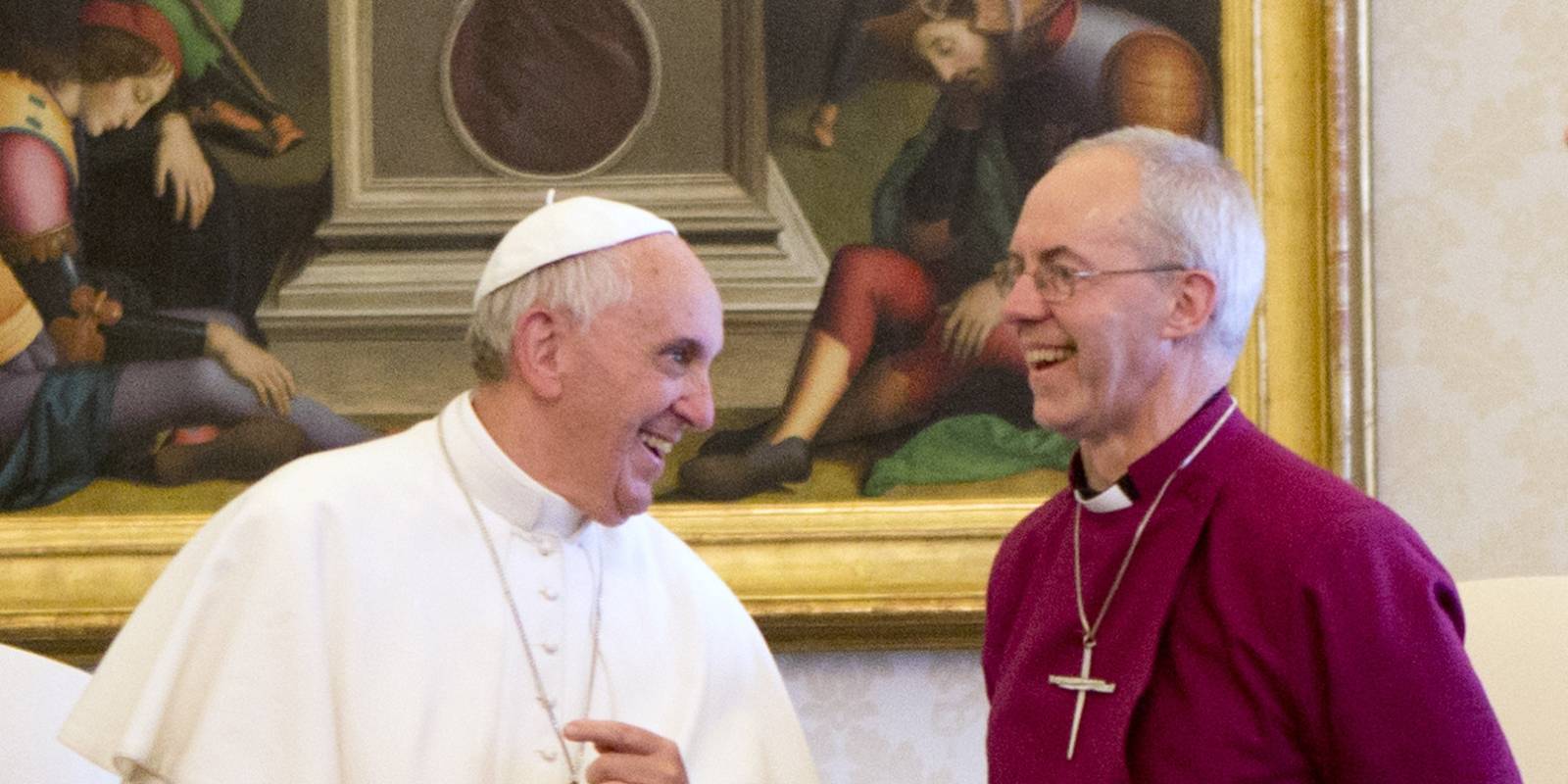Justin Welby with Pope Francis laughing 
