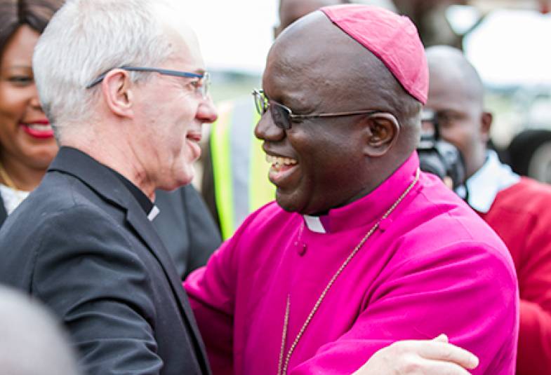 The Archbishop of Central Africa, Albert Chama, welcomes the Archbishop Justin at Lusaka’s Kenneth Kaunda International Airport.