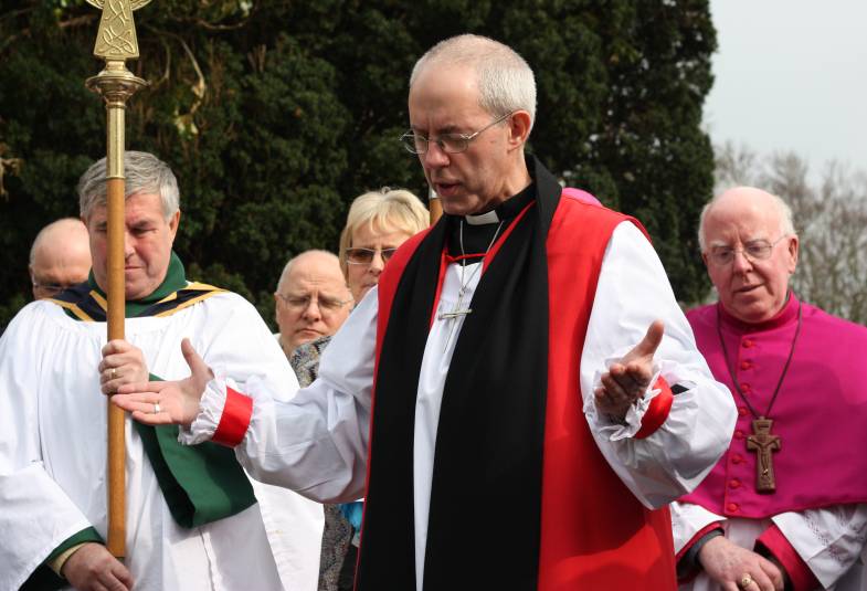 Archbishop Justin Welby leads prayers at St Patrick's grave, Downpatrick, Northern Ireland, 17 March 2015.