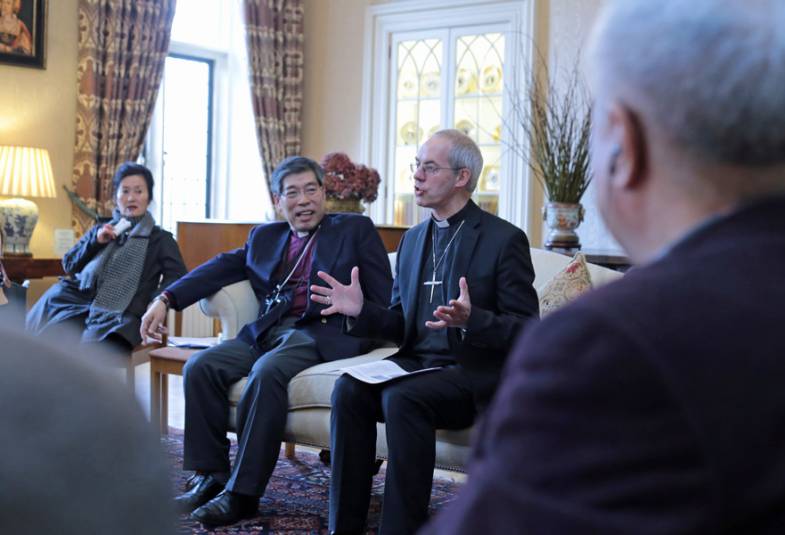 The Archbishop of Canterbury welcoming the Primate of the Anglican Church of Korea to Lambeth Palace 
