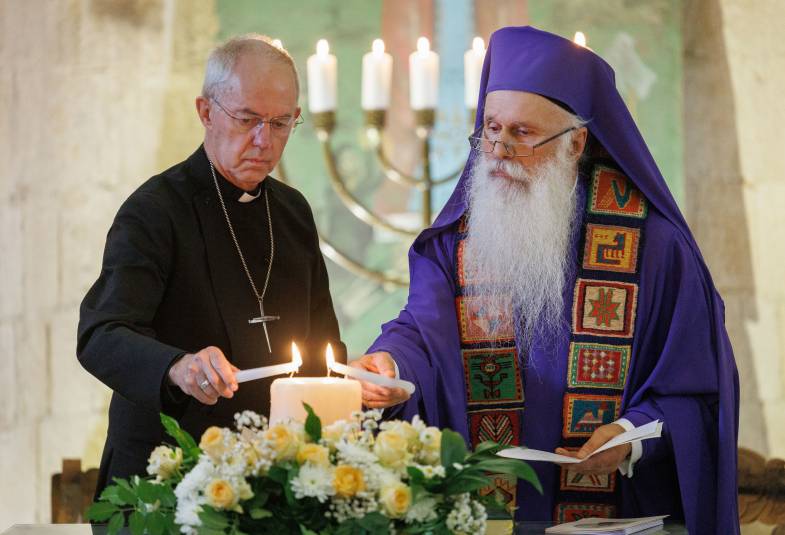 Archbishop of Canterbury and Malkhaz Songulashvili, Metropolitan Bishop of Tbilisi, take part in a short cross-faith service of welcome at The Peace Cathedral attended by leaders and members of the local faith communities.  