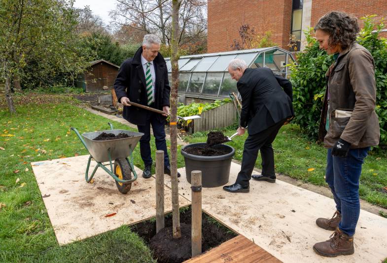 The Most Revd Justin Welby, Archbishop of Canterbury, Caroline Welby, NGS Chairman Rupert Tyler and Lindsey Schulman Lambeth Palace Head Gardener plant a new Cherry Tree Prunus Accolade in the Wash House Garden at Lambeth Palace as part of the National Garden Scheme.