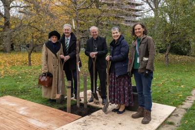 Penny Snell, London County Organiser NGS, Rupert Tyler, Chairman NGS, The Most Revd Justin Welby, Archbishop of Canterbury, Caroline Welby and Lambeth Palace Head Gardener Lindsey Schulman plant a new Cherry Tree Prunus Accolade in the Wash House Garden at Lambeth Palace as part of the National Gardens Scheme.