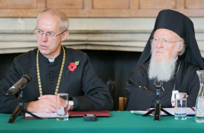 Archbishop Justin and Patriarch Bartholomew at Lambeth Palace, London, 3 November 2015. (Photograph: Lambeth Palace) 