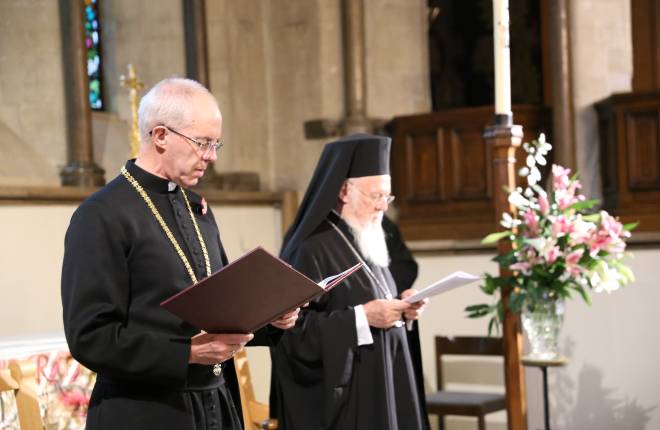 Archbishop Justin Welby and Patriarch Bartholomew in Lambeth Palace Chapel, 3 November 2015. (Photograph: Lambeth Palace) 