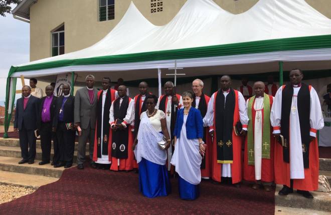 Archbishop Justin and Caroline Welby with the Primate of Rwanda, Archbishop Onesphore Rwaje, and bishops and clergy at the Rwanda University youth convention, Sunday 19 February 2017. 