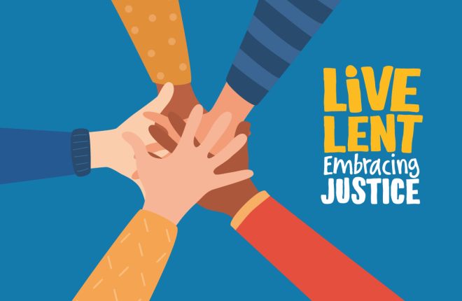 Picture of five hands with different skin tones overlapping with the LiveLent campaign logo