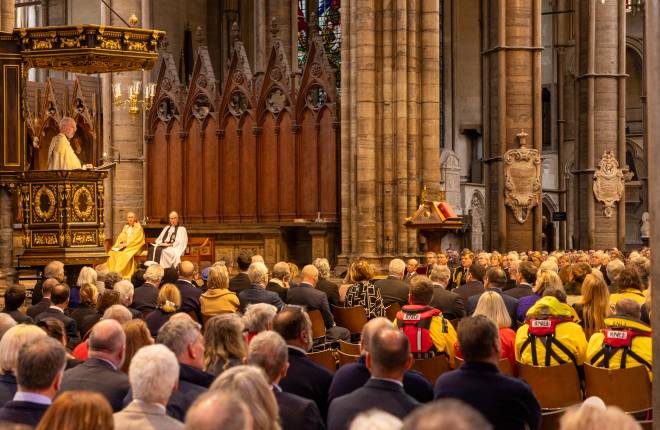 An image of The Most Revd Justin Welby, Archbishop of Canterbury, giving a sermon at a service to celebrate the 200th anniversary of the RNLI at Westminster Abbey. Photo: Dean and Chapter of Westminster/Picture Partnership. 4th March 2024. 